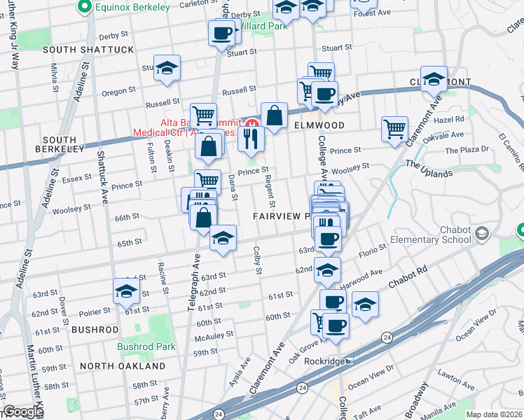map of restaurants, bars, coffee shops, grocery stores, and more near 6445 Regent Street in Oakland