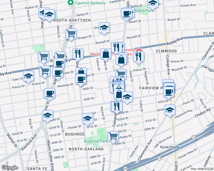 map of restaurants, bars, coffee shops, grocery stores, and more near 6635 Deakin Street in Oakland