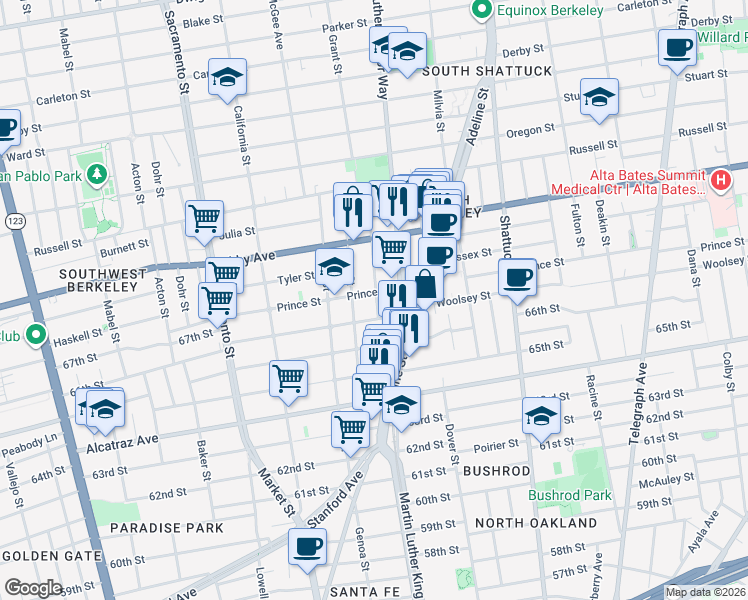 map of restaurants, bars, coffee shops, grocery stores, and more near 1811 Prince Street in Berkeley
