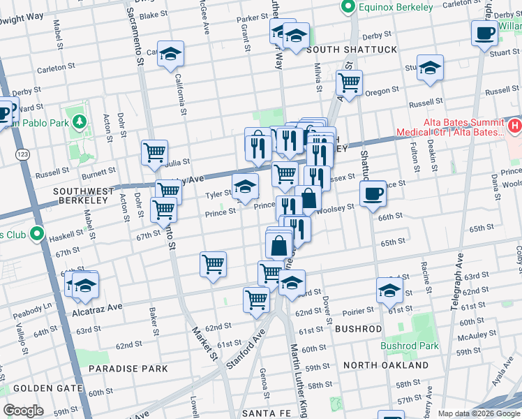 map of restaurants, bars, coffee shops, grocery stores, and more near 1811 Prince Street in Berkeley
