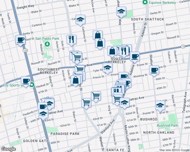 map of restaurants, bars, coffee shops, grocery stores, and more near 1626 Tyler Street in Berkeley