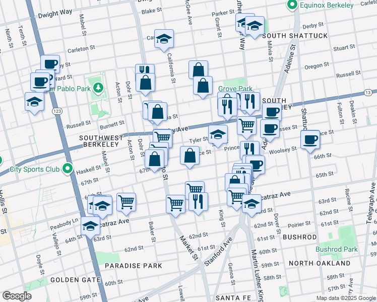 map of restaurants, bars, coffee shops, grocery stores, and more near 1546 Tyler Street in Berkeley