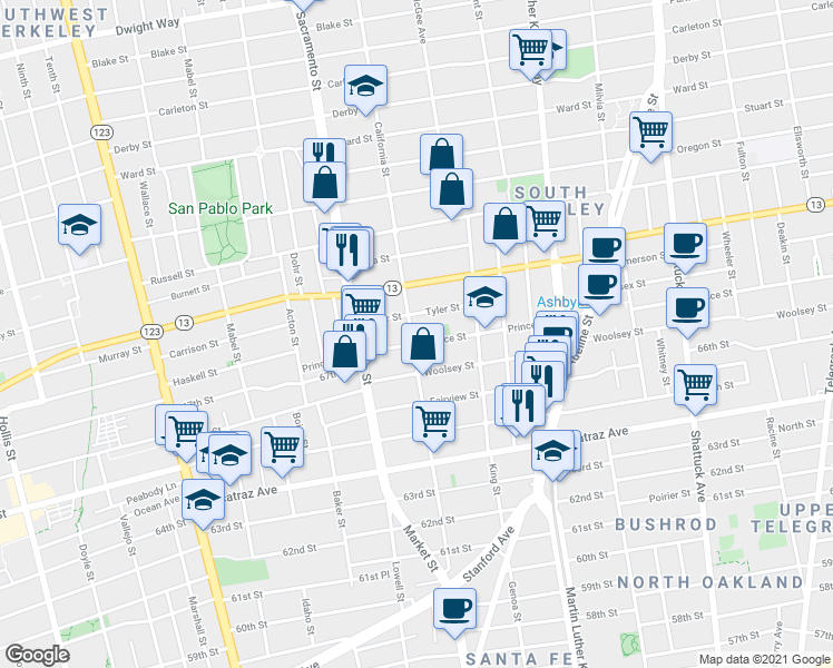 map of restaurants, bars, coffee shops, grocery stores, and more near 1546 Tyler Street in Berkeley