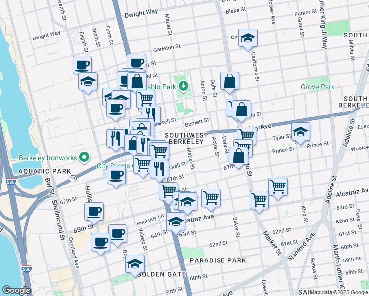 map of restaurants, bars, coffee shops, grocery stores, and more near 1246 Ashby Avenue in Berkeley