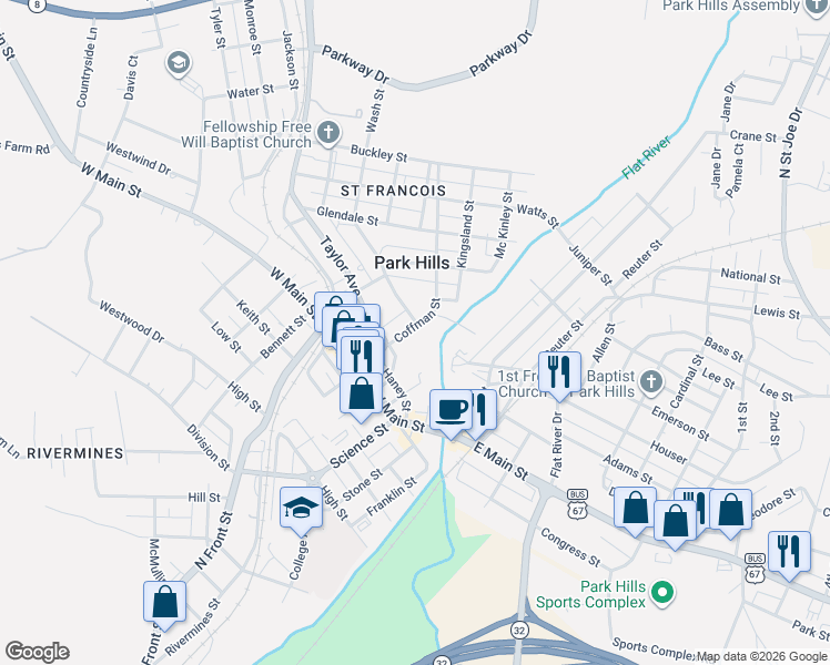 map of restaurants, bars, coffee shops, grocery stores, and more near 203 Coffman Street in Park Hills