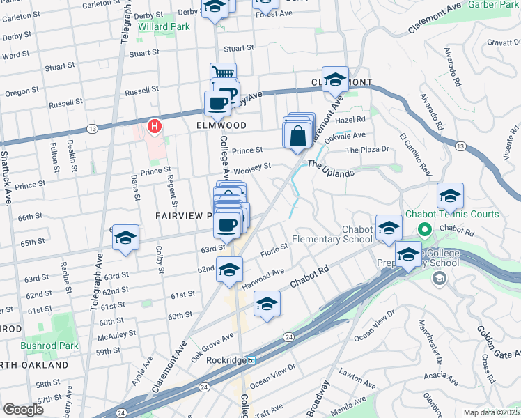 map of restaurants, bars, coffee shops, grocery stores, and more near 2743 Alcatraz Avenue in Berkeley