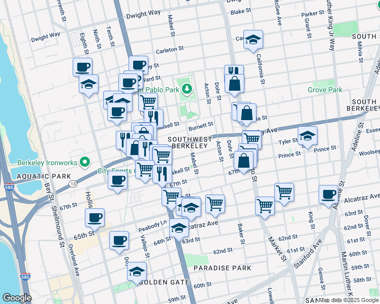 map of restaurants, bars, coffee shops, grocery stores, and more near 3018 Mabel Street in Berkeley