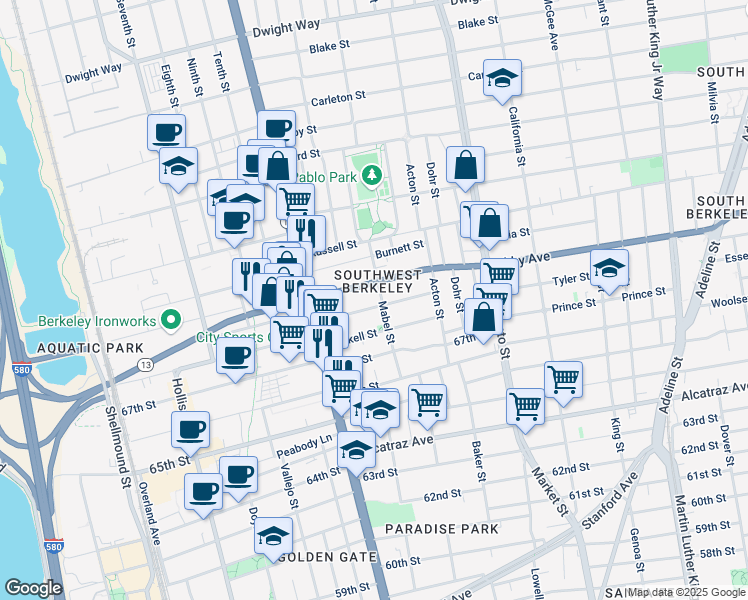 map of restaurants, bars, coffee shops, grocery stores, and more near 1259 Carrison Street in Berkeley