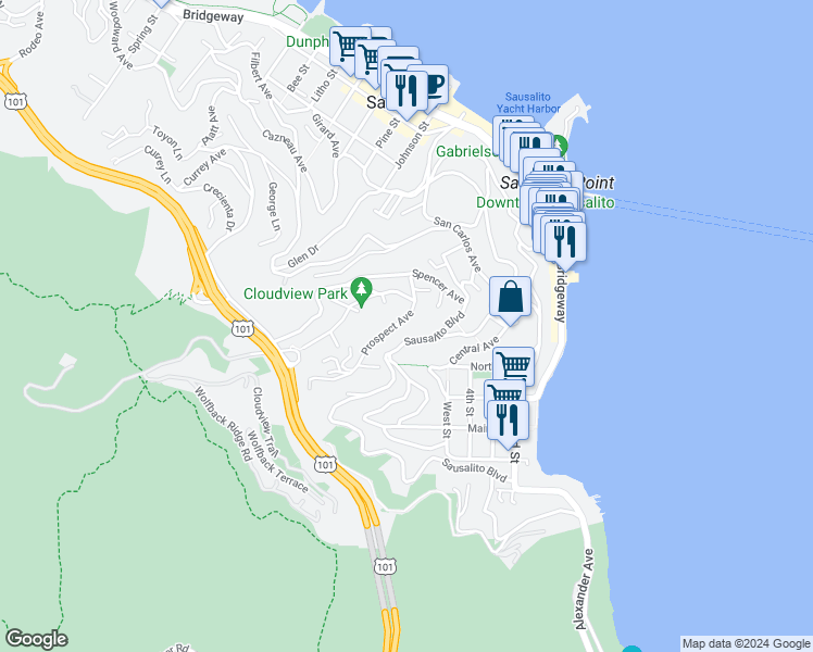 map of restaurants, bars, coffee shops, grocery stores, and more near 47 Prospect Avenue in Sausalito