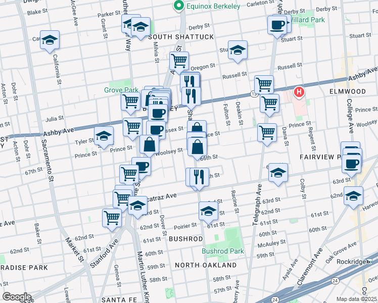 map of restaurants, bars, coffee shops, grocery stores, and more near 2028 Woolsey Street in Berkeley