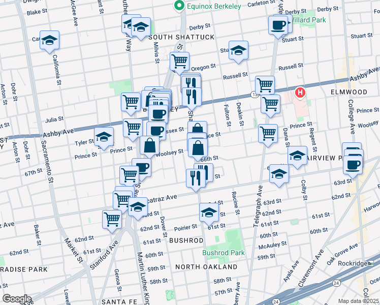 map of restaurants, bars, coffee shops, grocery stores, and more near 2028 Woolsey Street in Berkeley