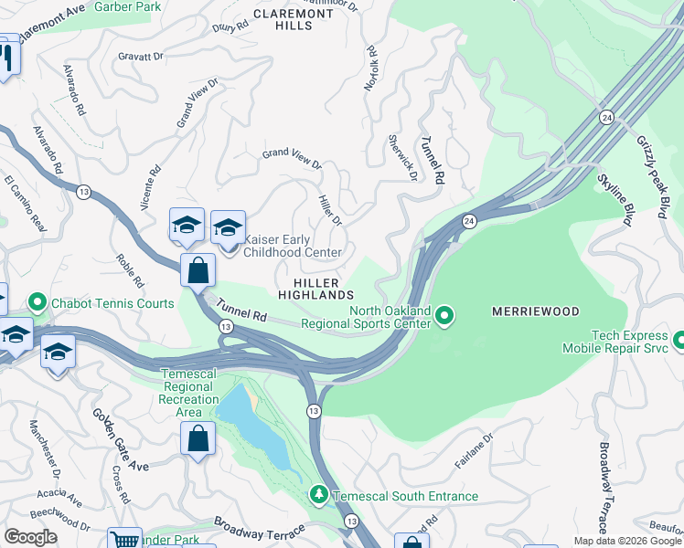 map of restaurants, bars, coffee shops, grocery stores, and more near 105 Starview Court in Oakland