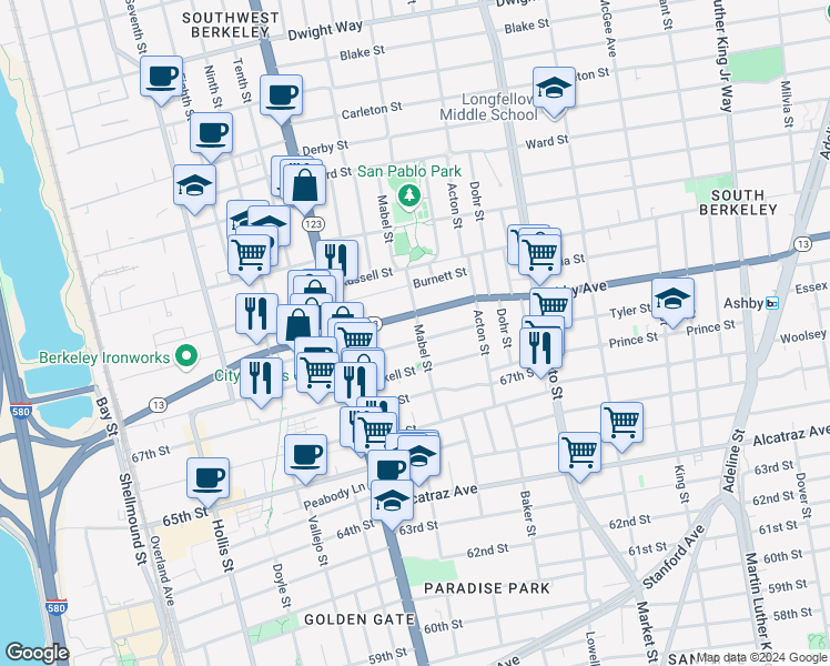 map of restaurants, bars, coffee shops, grocery stores, and more near 3018 Mabel Street in Berkeley
