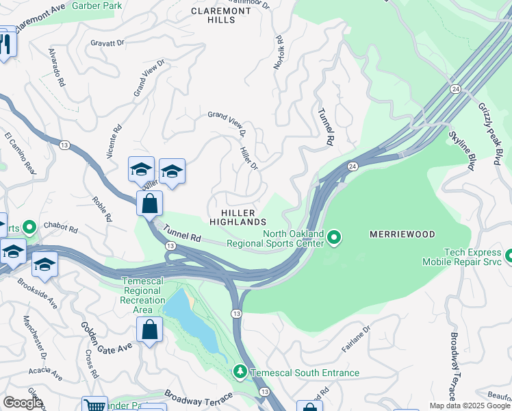 map of restaurants, bars, coffee shops, grocery stores, and more near 105 Starview Ct in Oakland