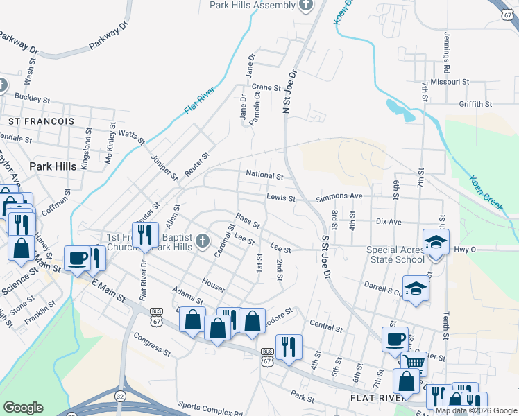 map of restaurants, bars, coffee shops, grocery stores, and more near 409 Lewis Street in Park Hills