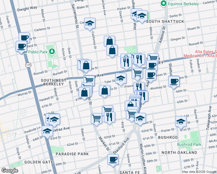 map of restaurants, bars, coffee shops, grocery stores, and more near 1626 Tyler Street in Berkeley