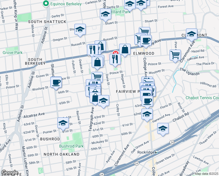 map of restaurants, bars, coffee shops, grocery stores, and more near in Oakland
