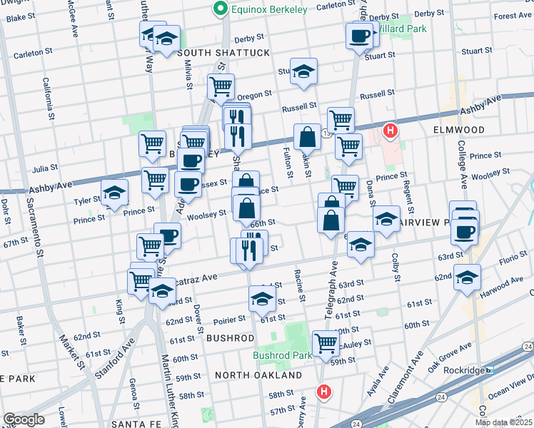 map of restaurants, bars, coffee shops, grocery stores, and more near 2122 Woolsey Street in Berkeley
