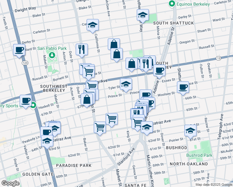 map of restaurants, bars, coffee shops, grocery stores, and more near 1626 Tyler Street in Berkeley