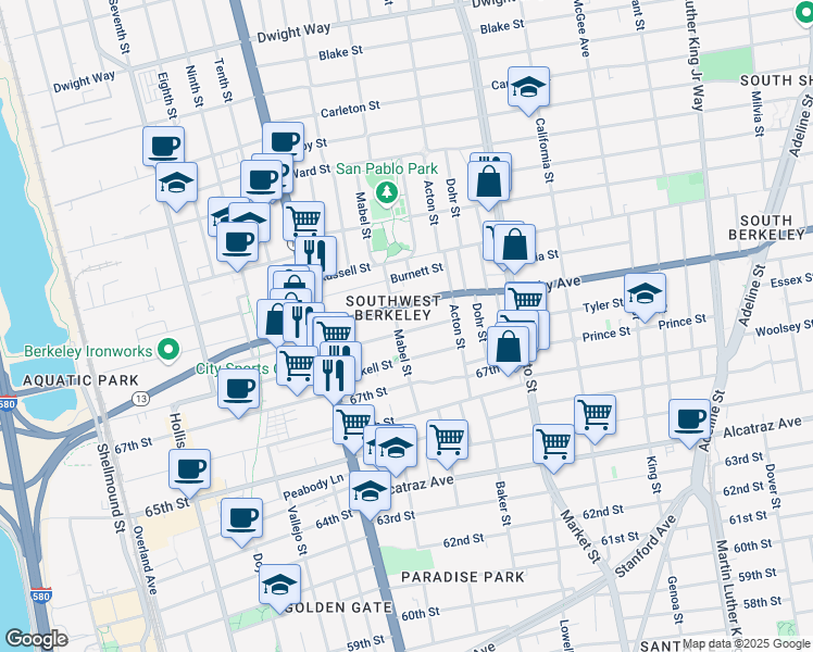 map of restaurants, bars, coffee shops, grocery stores, and more near 1309 Carrison Street in Berkeley