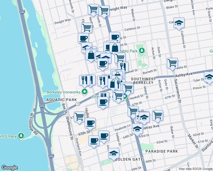 map of restaurants, bars, coffee shops, grocery stores, and more near 2909 Ninth Street in Berkeley