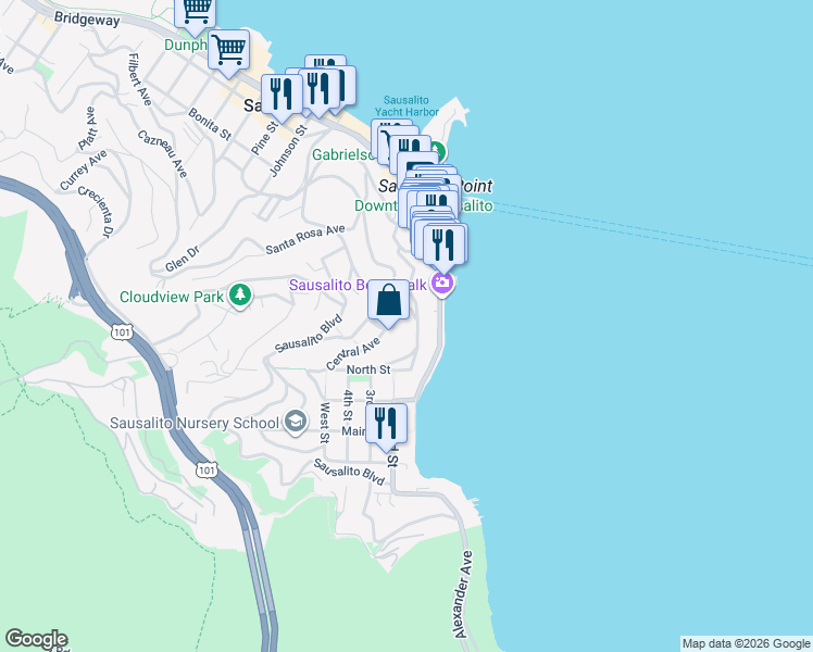 map of restaurants, bars, coffee shops, grocery stores, and more near 42 San Carlos Avenue in Sausalito