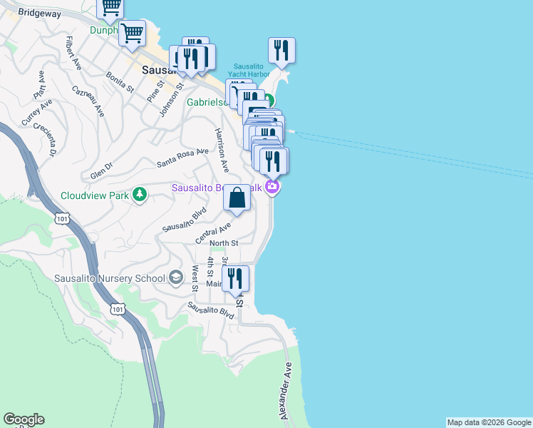map of restaurants, bars, coffee shops, grocery stores, and more near 2 Bulkley Avenue in Sausalito