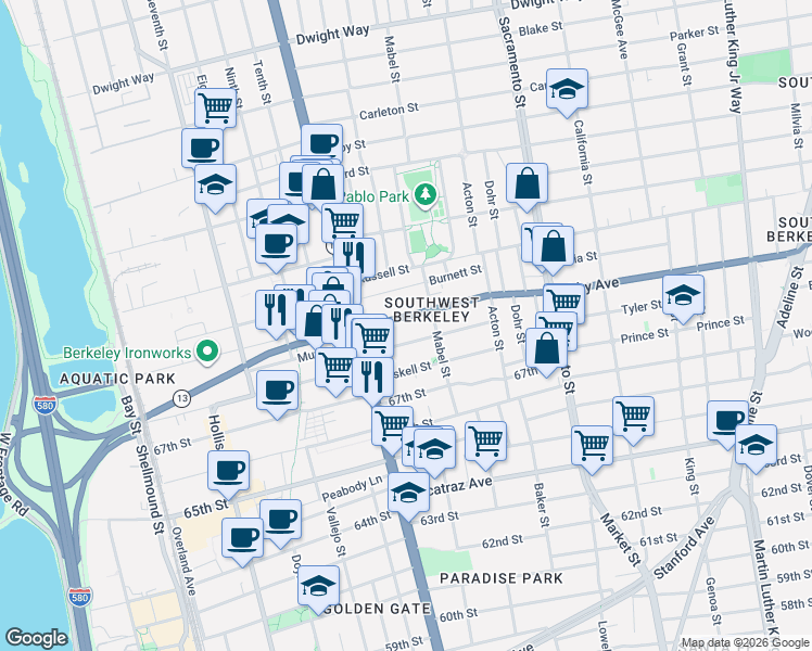map of restaurants, bars, coffee shops, grocery stores, and more near 1238 Ashby Avenue in Berkeley