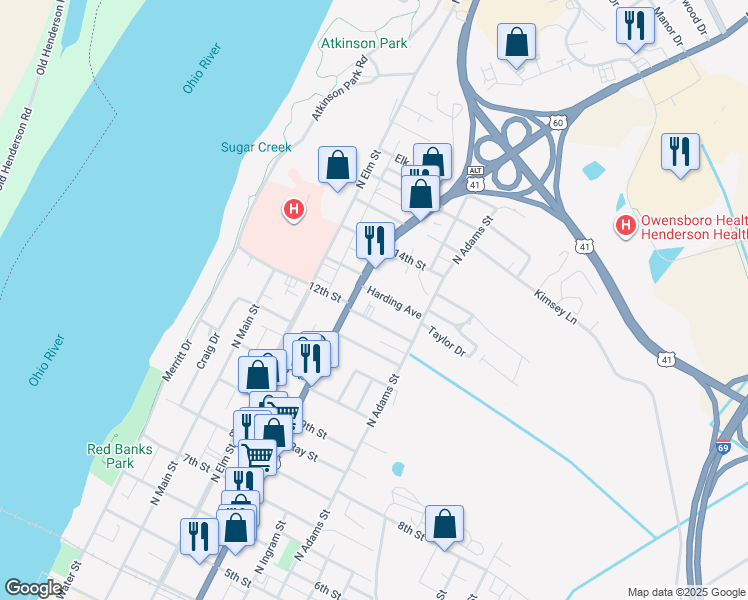 map of restaurants, bars, coffee shops, grocery stores, and more near 501 Harding Avenue in Henderson