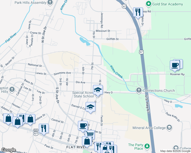 map of restaurants, bars, coffee shops, grocery stores, and more near 705 Simmons Avenue in Park Hills