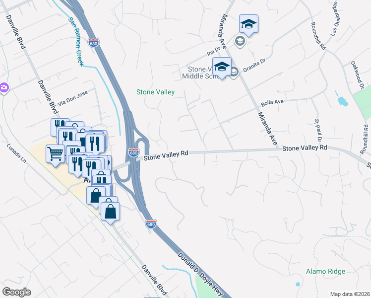 map of restaurants, bars, coffee shops, grocery stores, and more near 1244 Stone Valley Road in Alamo