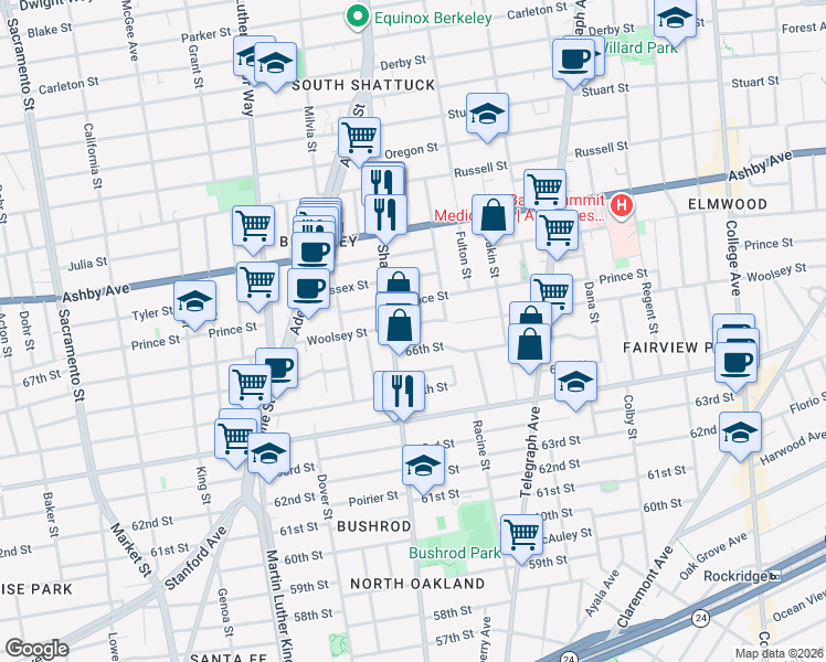 map of restaurants, bars, coffee shops, grocery stores, and more near 2116 Woolsey Street in Berkeley