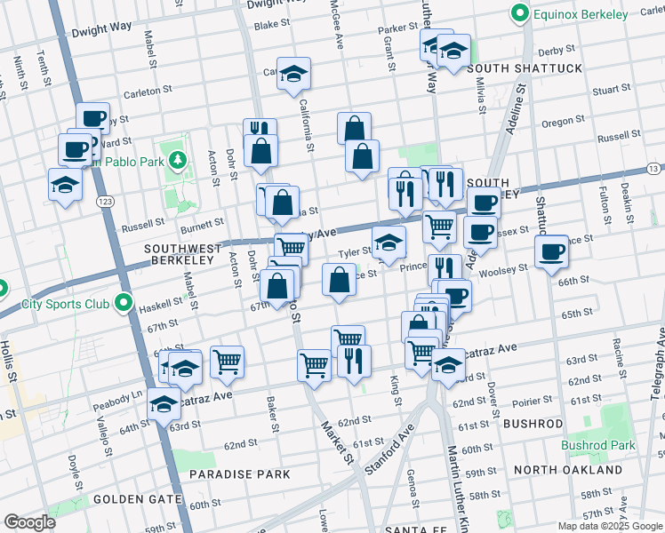 map of restaurants, bars, coffee shops, grocery stores, and more near 1546 Tyler Street in Berkeley