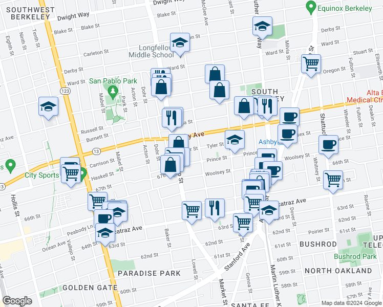 map of restaurants, bars, coffee shops, grocery stores, and more near 1546 Tyler Street in Berkeley