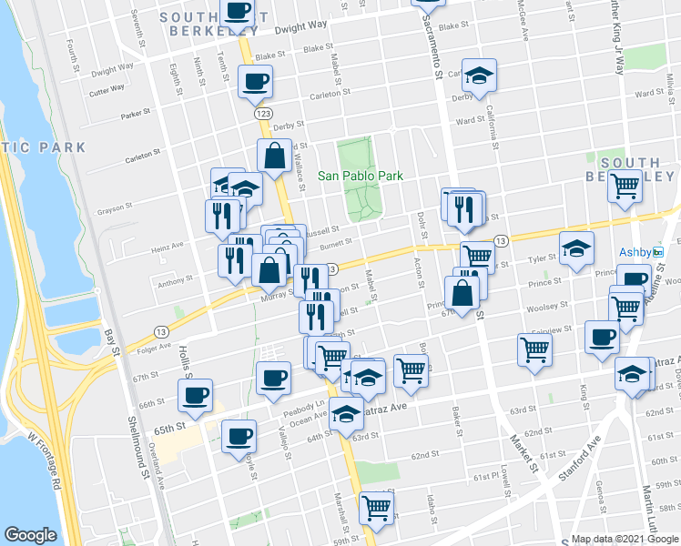 map of restaurants, bars, coffee shops, grocery stores, and more near 1246 Ashby Avenue in Berkeley