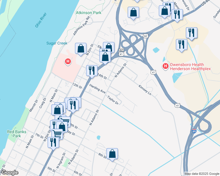 map of restaurants, bars, coffee shops, grocery stores, and more near 600 Breckinridge Drive in Henderson