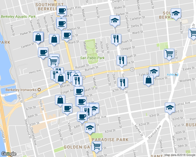 map of restaurants, bars, coffee shops, grocery stores, and more near 1309 Carrison Street in Berkeley