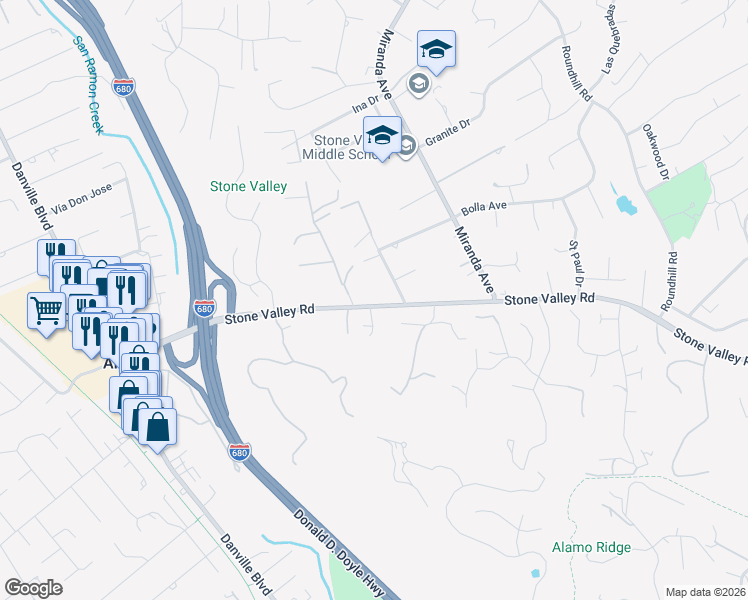 map of restaurants, bars, coffee shops, grocery stores, and more near 1060 Stone Valley Road in Alamo