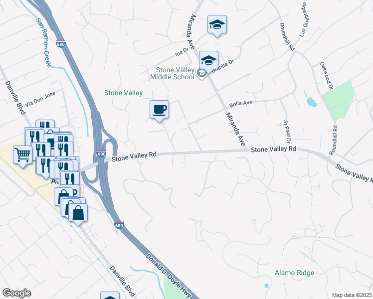 map of restaurants, bars, coffee shops, grocery stores, and more near 1016 Stone Valley Road in Alamo