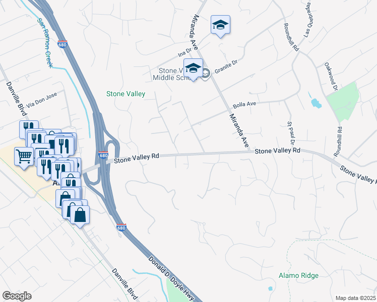 map of restaurants, bars, coffee shops, grocery stores, and more near 1016 Stone Valley Road in Alamo
