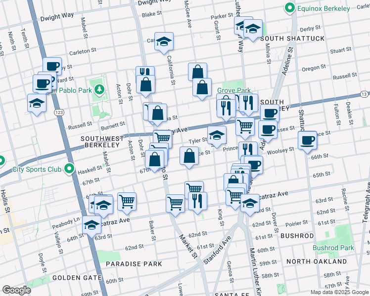 map of restaurants, bars, coffee shops, grocery stores, and more near 1546 Tyler Street in Berkeley