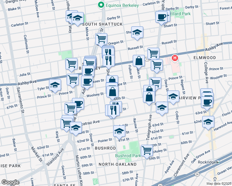 map of restaurants, bars, coffee shops, grocery stores, and more near 2116 Woolsey Street in Berkeley