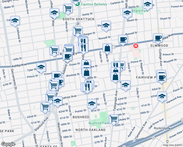 map of restaurants, bars, coffee shops, grocery stores, and more near 2122 Woolsey Street in Berkeley