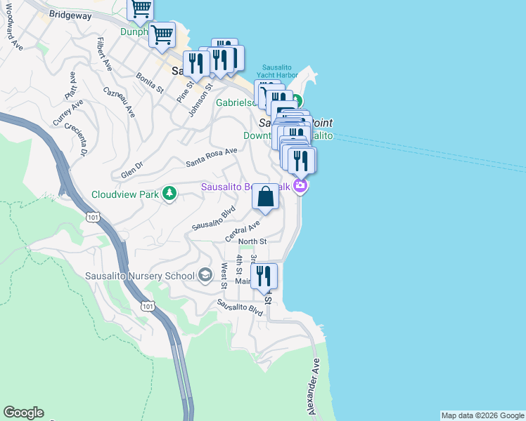 map of restaurants, bars, coffee shops, grocery stores, and more near 42 San Carlos Avenue in Sausalito