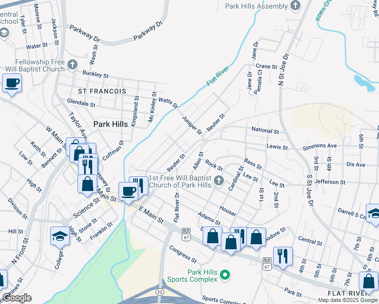map of restaurants, bars, coffee shops, grocery stores, and more near 303 Reuter Street in Park Hills