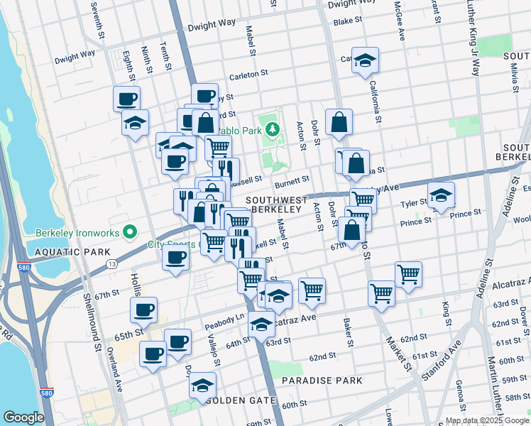 map of restaurants, bars, coffee shops, grocery stores, and more near 1246 Ashby Avenue in Berkeley