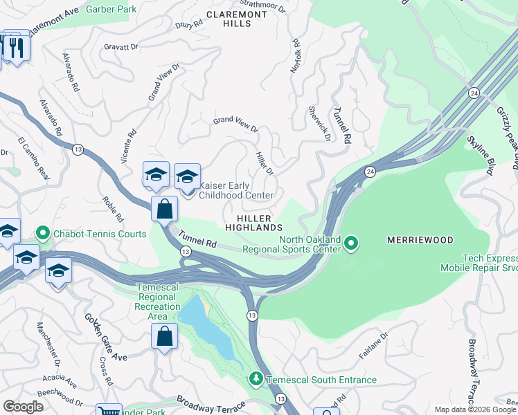 map of restaurants, bars, coffee shops, grocery stores, and more near 555 Hiller Drive in Oakland