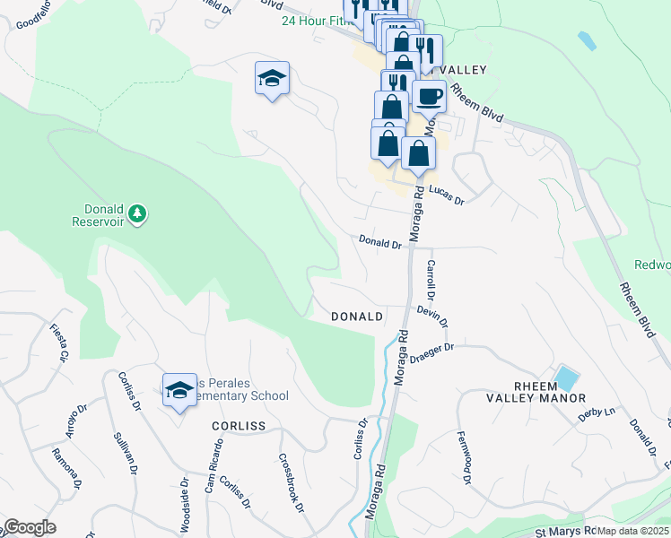 map of restaurants, bars, coffee shops, grocery stores, and more near Donald Drive in Moraga
