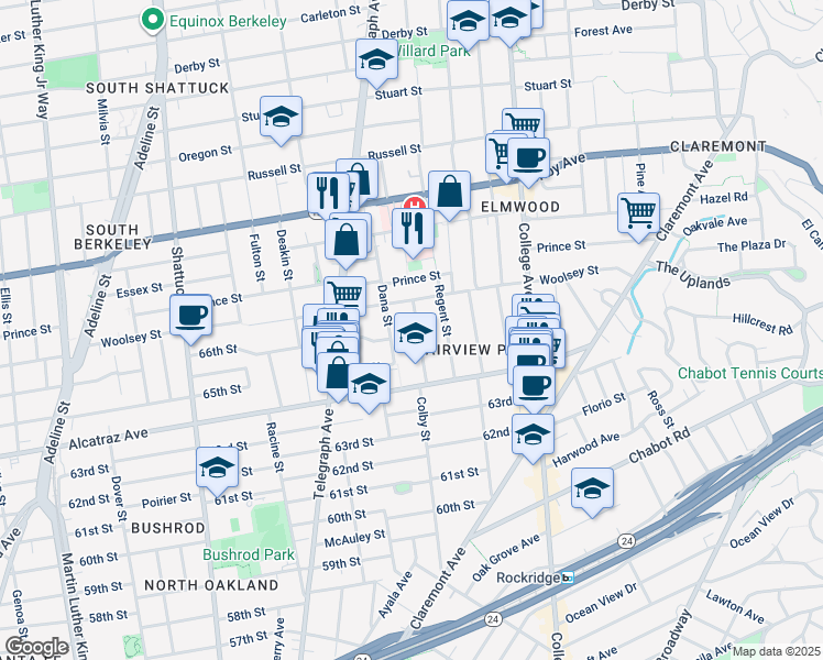 map of restaurants, bars, coffee shops, grocery stores, and more near 6449 Colby Street in Oakland