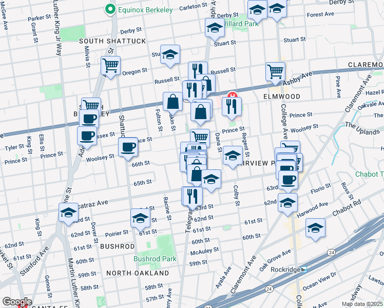 map of restaurants, bars, coffee shops, grocery stores, and more near 6633 Telegraph Avenue in Oakland